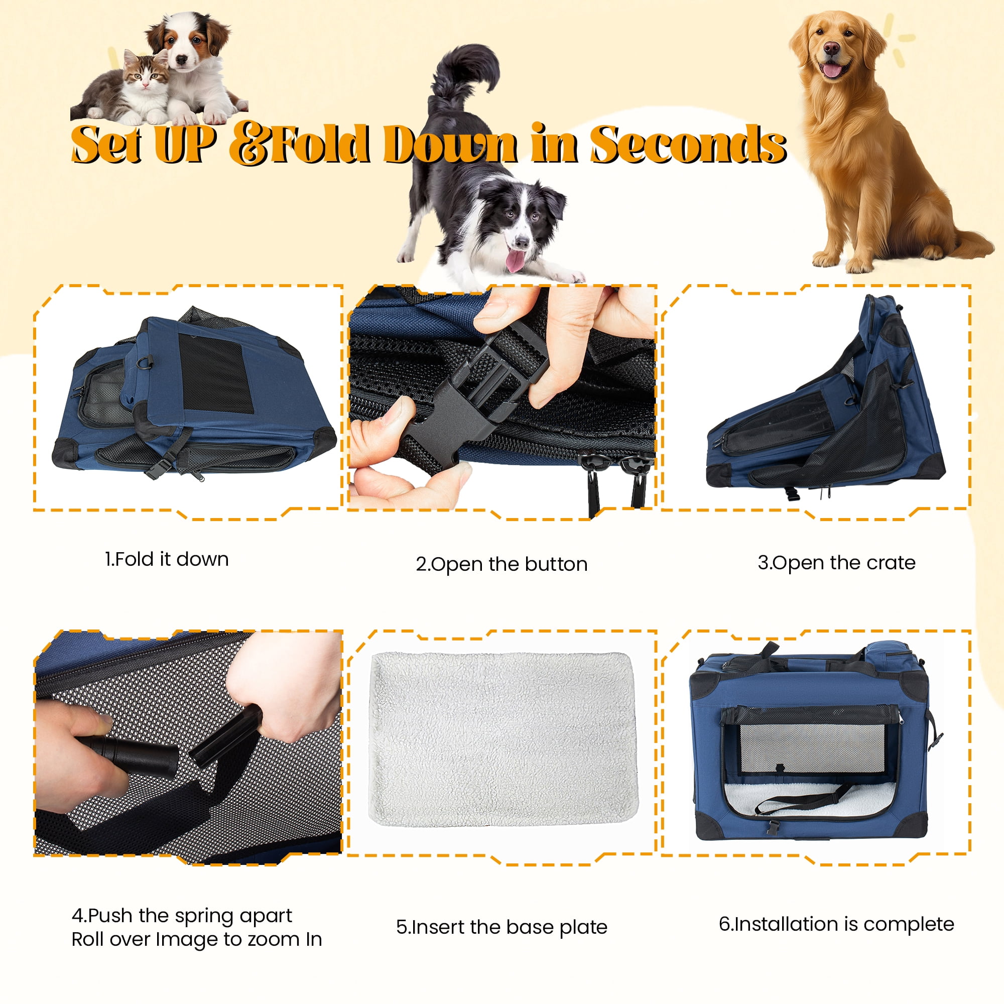 Zephypaws  Portable Dog Crate,36"x25"x25" Collapsible Dog Travel Crate for Medium/Large Dogs with Soft Blanket,Foldable Bowl & Poop Bag Dispenser,Indoor & Outdoor Use,Blue