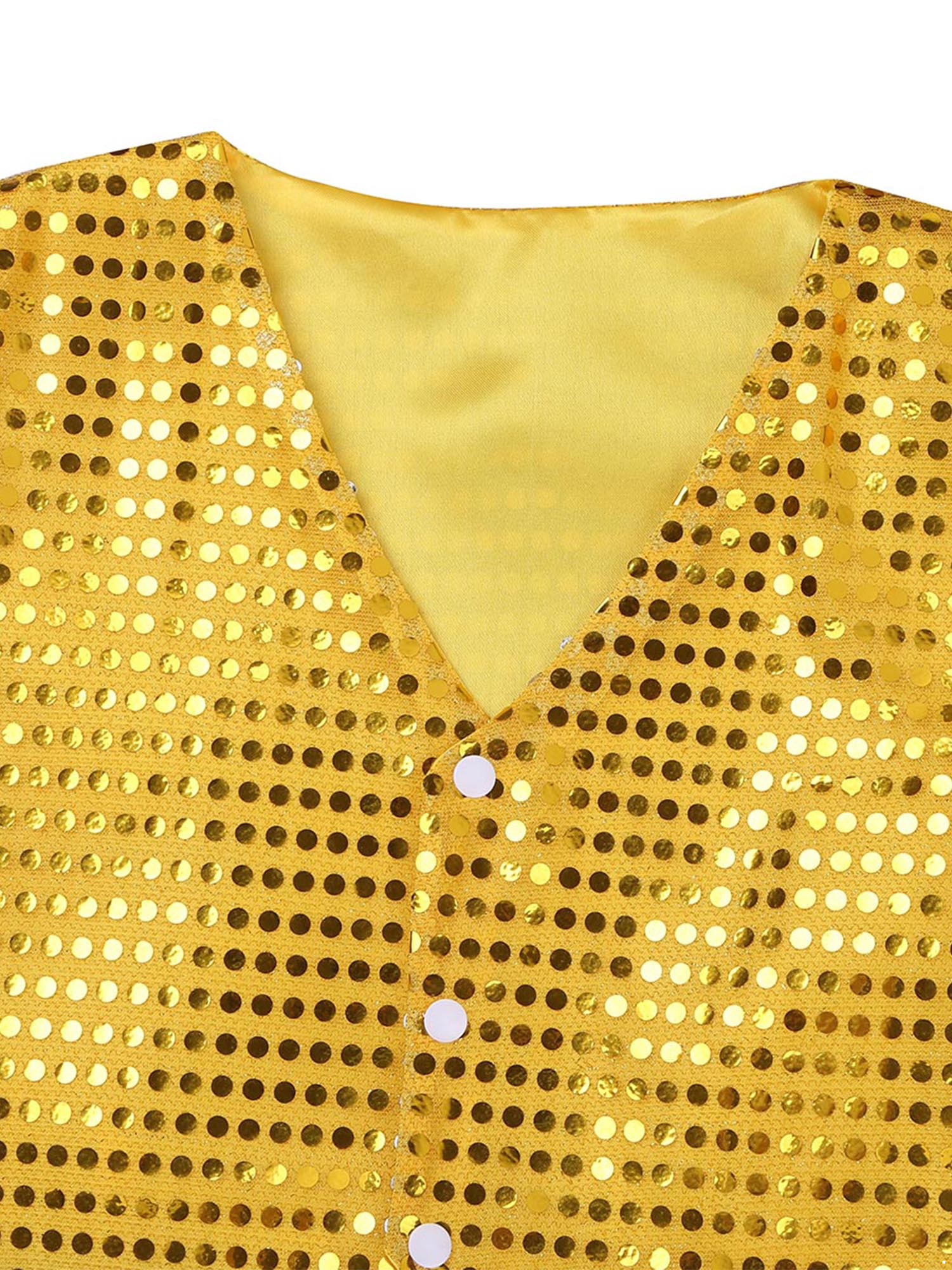 IEFIEL Kids Boys Sparkle Sequins Button Down Vest with Hat Dance Outfit Set Hip Hop Jazz Stage Performance Costume Gold 11-12 - image 5 of 7