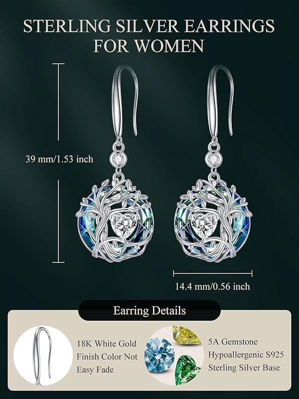 JKR Tree of Life Birthstone Earrings for Women 925 Sterling Silver Family Tree Dangle Earrings Austrian Crystal Jewelry Birthday Gifts for Her Girlfriend Wife Mom