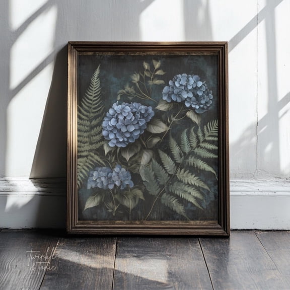 Blue Hydrangea Art Print Moody Floral Wall Decor Rustic Poster Vintage Cottagecore Botanical Scene UNFRAMED Poster, 8x12