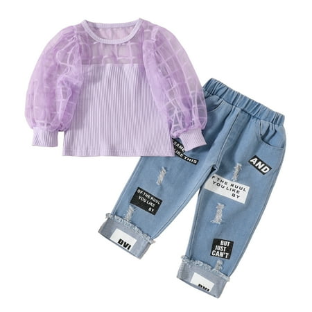 

Fsqjgq Baby Girl Plain Clothes Toddler Kids Baby Girls Tulle Puff Sleeve Ribbed T Shirt Tops Hole Crop Denim Jeans Long Pants 2Pcs Outfits Clothes Set Long Legging Cotton Purple 130