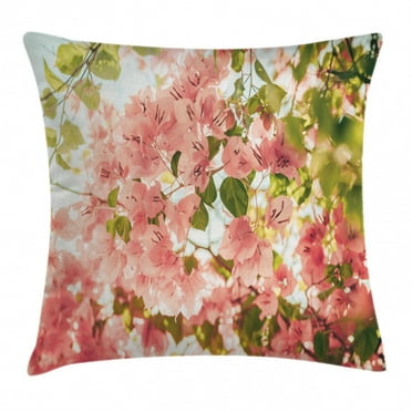 Spring Throw Pillow Cushion Cover, Bougainvillea Flowers Branches in Sunny Summer Blossoms Nature Park View, Decorative Square Accent Pillow Case, 20 X 20 Inches, Light Pink Olive Green, by Ambesonne