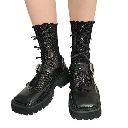 

Women Lolita Sweet Frilly Ruffled Trim Crew Socks Japanese Style Hollow Out Flor