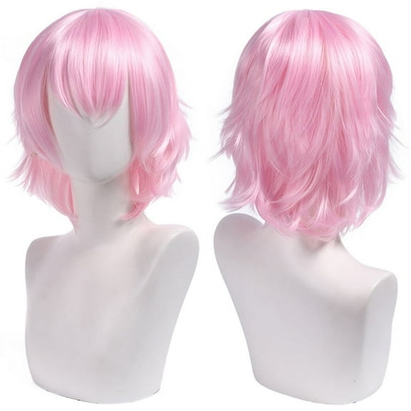 XmhyTop Unisex Short Anime-Style Cosplay Wig, Fluffy Layered Heat-Resistant Synthetic Hair, with Bangs, Ideal for Costume Parties, Prom & Themed Events，Pink