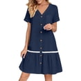 thumbnail image 3 of Ygbgbb Women's Linen-Blend Mini Dress, V-Neck Short Sleeve with Button Front & Lace Trim, Casual Summer Tunic Dress Navy XL, 3 of 8
