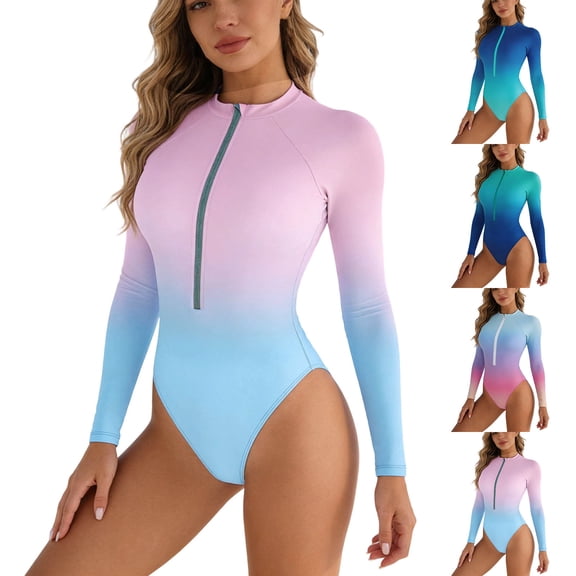 Long Sleeve Swimsuits for Women Bathing Suit Rash Guard Modest Surf Gradient One Piece Zip Swimwear