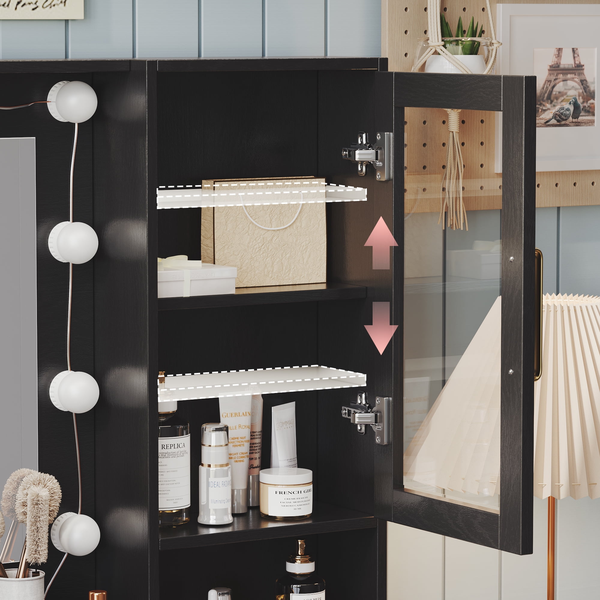 UGTOO 35.4" Black Makeup Vanity Desk with LED Mirror & Charging Station - Farmhouse Dressing Table, 5 Drawers, Wood Dresser for Bedroom/Apartment