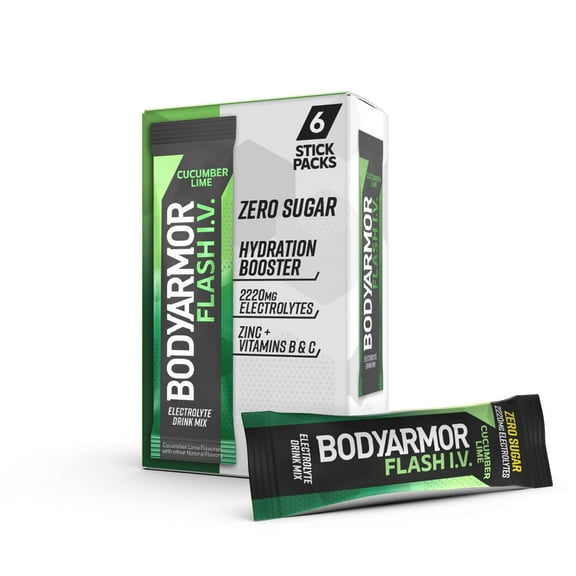 Bodyarmor Flash Iv Electrolyte Packets, Cucumber Lime - Zero Sugar Drink Mix, Single Serve Packs, Coconut Water Powder, Hydration For Workout, Travel Essentials, Just Add Sticks To Liquid (6 Count)