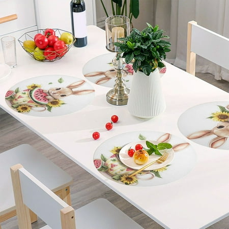 

Round Grid Placemat One Sizex4 Round Placemat PVC Plate Mat，15.4 Inch Non-Slip and Heat Resistant Table Placemat Dining Room Placemat Teacup Bunny