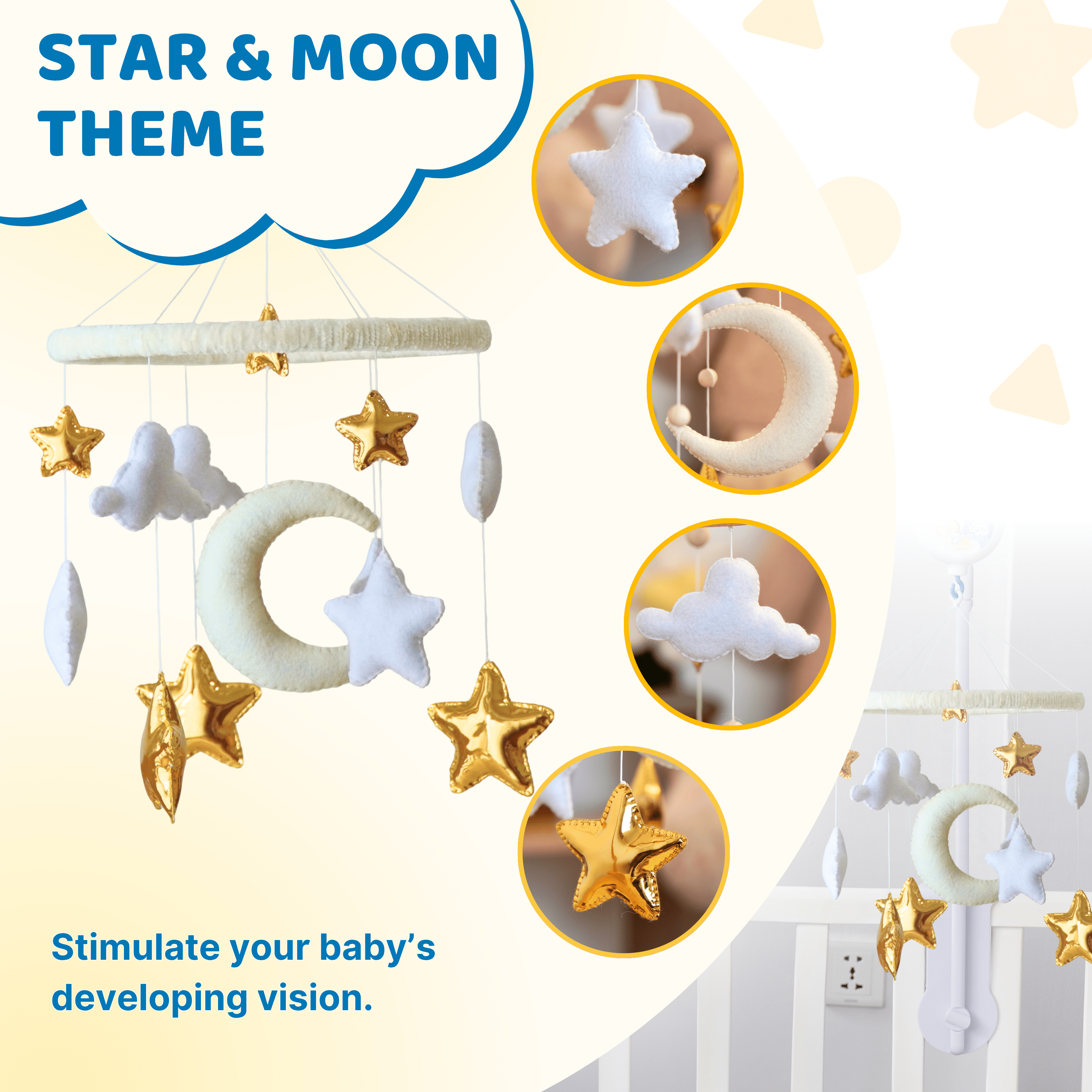 TINITIGIES Star & Moon Baby Crib Mobile with Music Box – Handmade Felt Nursery Mobile, 12 Piano Lullabies, Golden Star Theme for Visual & Cognitive Development