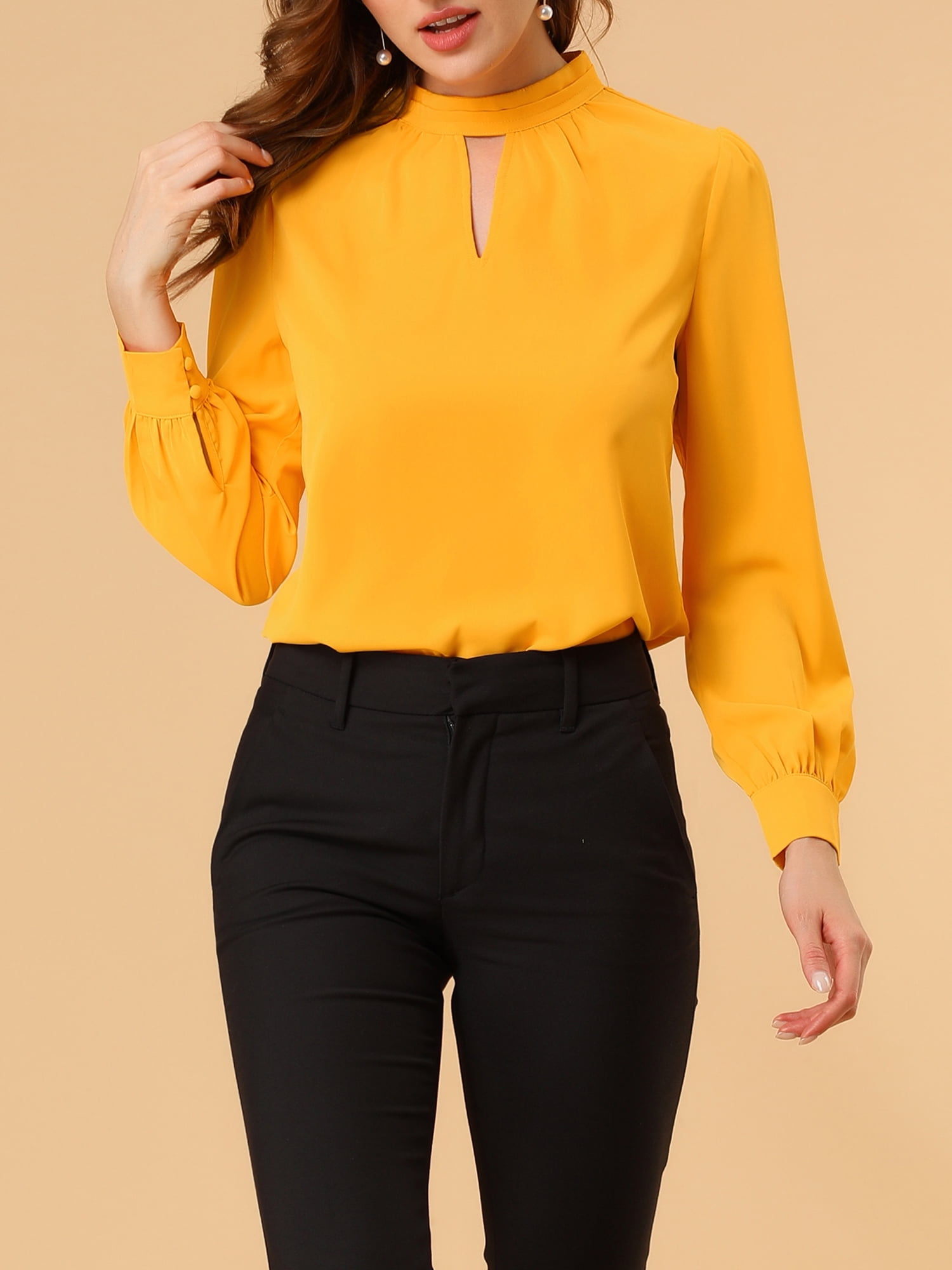 DARING DIVA Women's Stand Collar Long Sleeve Office Blouse XL Bright Yellow