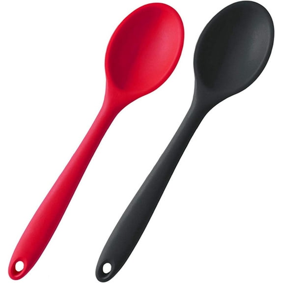 Silicone Nonstick Mixing Spoons Set 2, High Heat Resistant, Hygienic Design Cooking Baking Spoons Set for Stirring, Mixing and Serving,Red and Black
