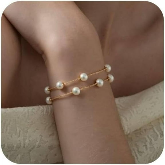 XBage Gold Pearl Bracelets For Women Trendy 18K Gold Plated Bracelets Dainty Pearls Beaded Chain Charm Pearl Bracelets Simple Jewelry For Her7234