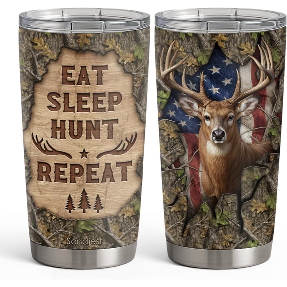 Hunting Tumbler 20oz, Stainless Steel Travel Cup with Lid, Eat Sleap Hunt Repeat Insulated Coffee Mug, Hunting Gifts for Men Friends Dad Grandfather on Birthday Christmas