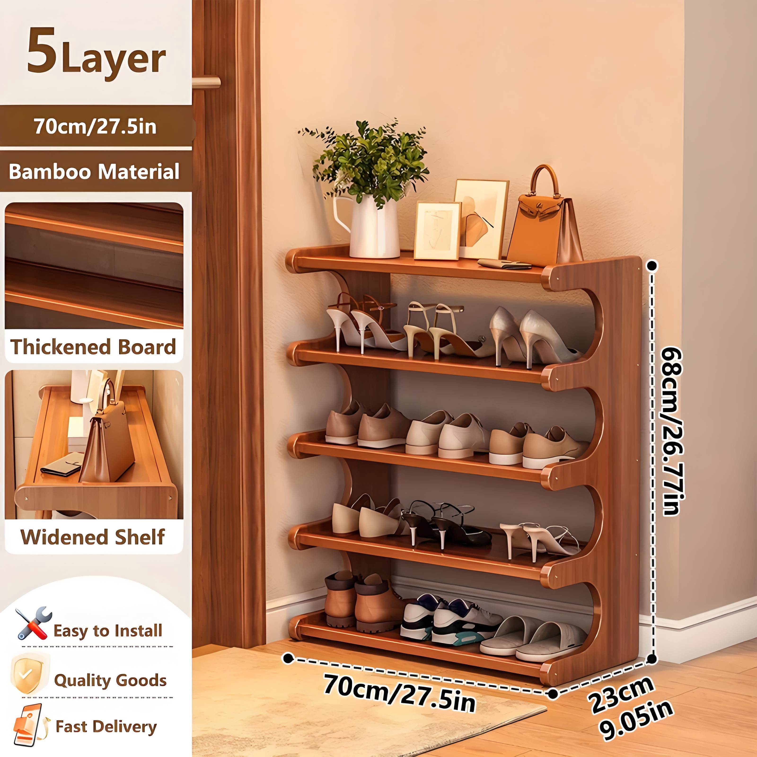 Howcool 5 Tier Bamboo Shoe Rack, Free Standing Shoe Storage Organizer with Wood Grain Finish, Space Saving Multi-Layer Shoe Shelf for Entryway Hallway Closet, Easy to Assemble