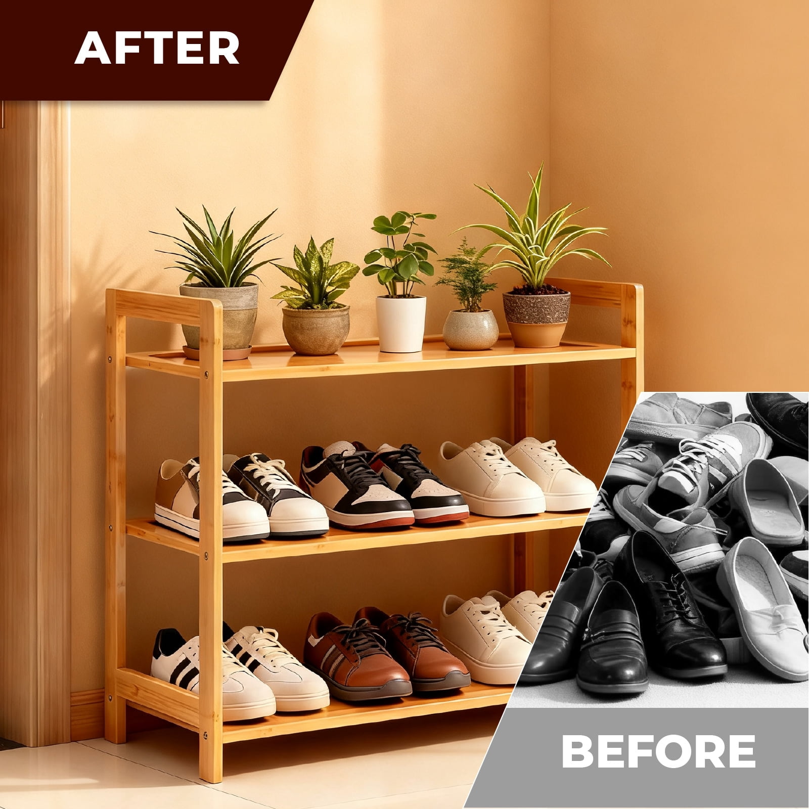 Minimalist 3 Tier Natural Bamboo Shoe Rack Eco Friendly Open Shelf Design Space Saving for Entryway Closet Hallway