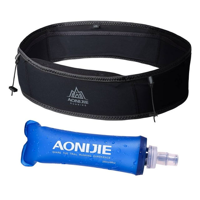 AONIJIE Running Belt Fanny Pack with 250ml Soft Water Bottle Flask, Moisture Wicking Waist Pack Great for Marathon Climbing Jogging Cycling Workout(Full Black,S/M)