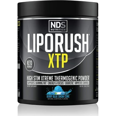 NDS Nutrition LipoRush XTP Thermogenic Fat Burner with L-Carnitine - Energy, Focus, and Appetite Control - Extreme Thermogenic Fat Burning Powder Weight Loss - Blue Berry Snow Cone (45 Servings)