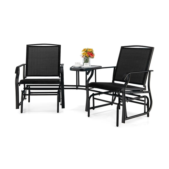 Patiojoy Patio Double Rocking Chair Outdoor 2-Seat Swing Glider Chair W/ Center Table & Umbrella Hole Black