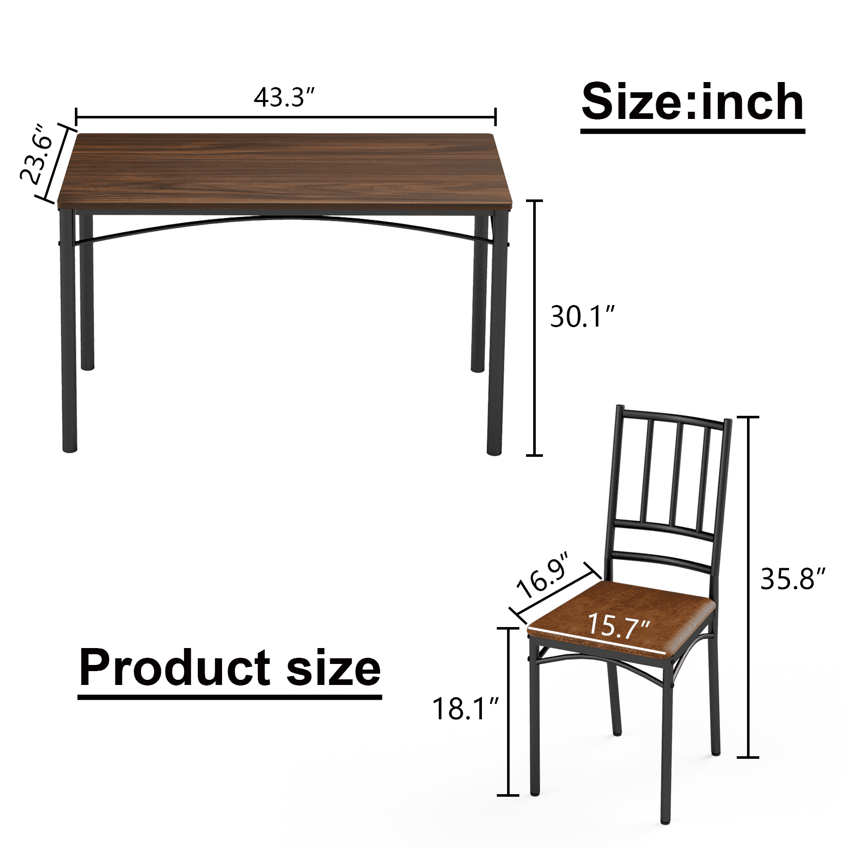 Aukfa 5-Piece Industrial Dining Table Set for 4, Kitchen Table and Chairs with PU Cushioned Seats, Brown