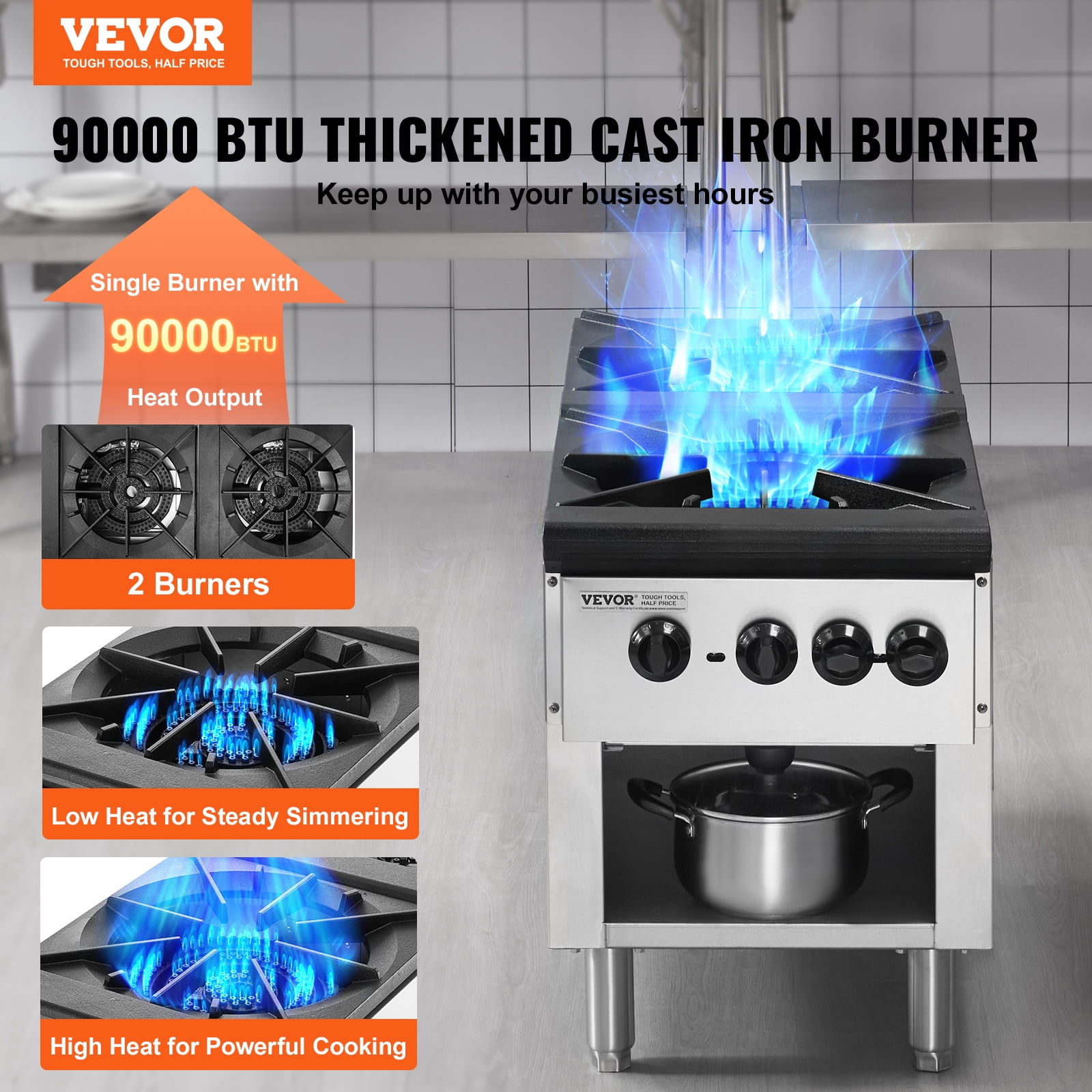 VEVOR Commercial Gas Stove with 2 Burners, Propane and Natural Gas Countertop Cooking Stove Range, Stainless Steel Gas Hot Plate, Commercial Cooking Equipment for Restaurant, 180,000 BTU