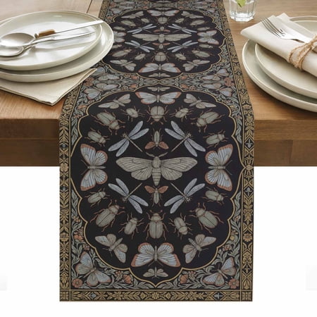 Vintage Dragonfly Cotton Linen Table Runner Abstract Butterflies Black Classical Floral Dining Table Runners for Home Decor Party Dining Room Restaurant Kitchen Party 13 x 90
