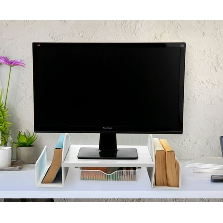 Mind Reader - Mesh Monitor Stand, Wire Screen Riser with Side Storage File Pockets - White