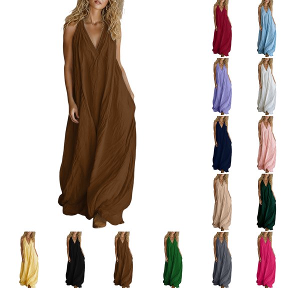 Zpzdpjkx Women's Halter Neck Sleeveless Maxi Dress Loose V-Neck Casual Summer Dress with Pockets
