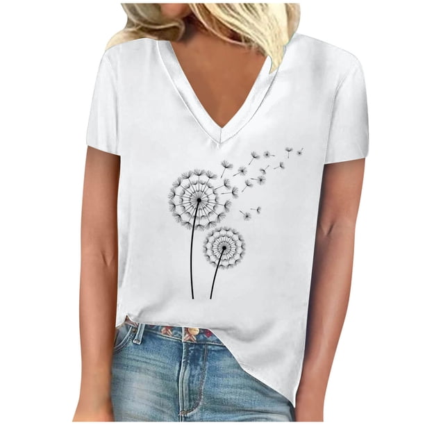 Camisetas de Manga Corta para las Mujeres, Impresión de Cuello en V Camiseta Casual Top Hecho de 95% Poliéster 5% Spandex para el Uso Diario de Primavera Verano, Camisetas para las Mujeres Casual