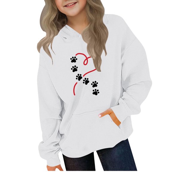 Nilvkv Girls Hoodie, Girls Sweatshirt, Fall and Winter Wear Long Sleeve Pocket Pullover with Heart Paw Print White 4-5 Years