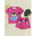 thumbnail image 2 of Suealasg Little Girls Summer 2Pcs Clothes4T 5T 6T 7T Kids Girls Hawaiian Beach Casual Shorts Sets Short Sleeve Tree Print T-shirt Tops+ Elastic Waist Shorts Sets, 2 of 9