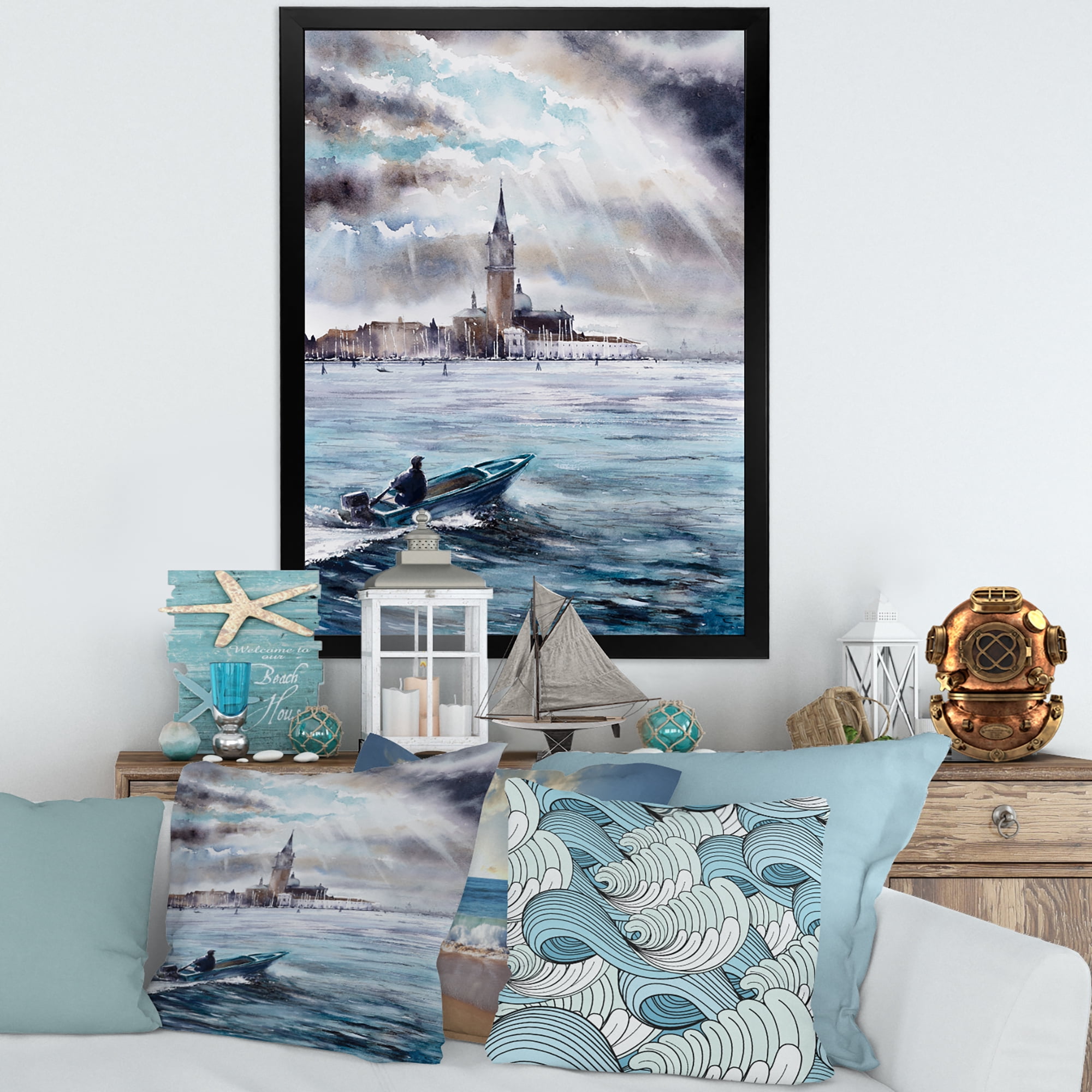 Designart 'Boat Returning In Storm Over Venice In Italy' Nautical & Coastal Framed Art Print