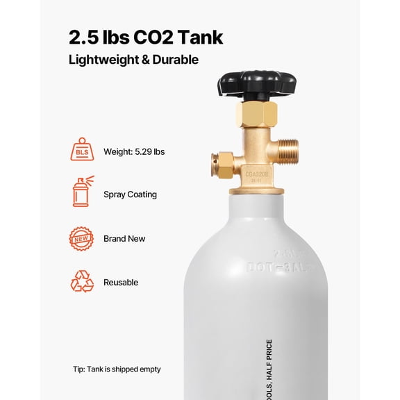 CO2 Tank, 2.5 lbs New Aluminum Alloy Cylinder, CO2 Air Tank with Light Gray Spray Coating, CGA320 Valve & Adjustable Pressure, DOT Approved Cylinder for Draft Beer Dispensing and Soda Maker