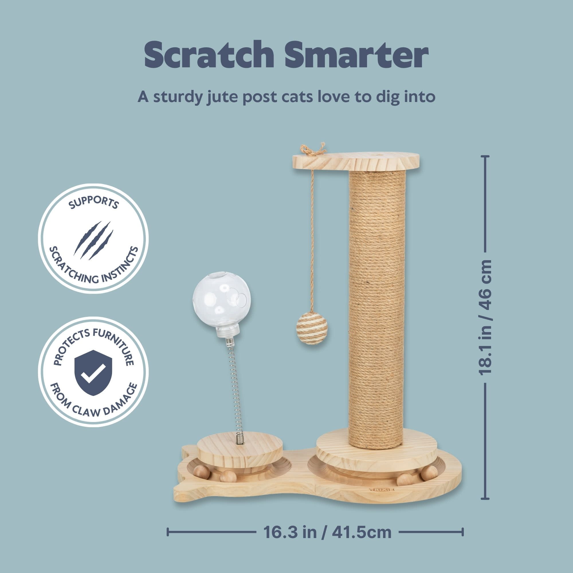 TRIXIE Oliver Interactive Cat Scratching Post w/ Treat Cup, Wooden Track & Hanging Ball