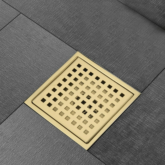 6-inch Square Shower Floor Drain 304 Stainless Steel Grid Grate Floor Drain, Brushed Gold