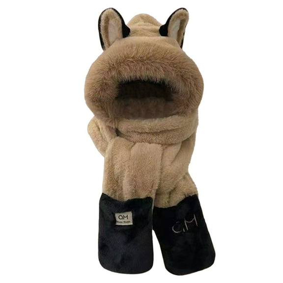 MOQIN Hooded Scarf for Women Winter, Cute Bear Scarf for Girls and Kids, 3 in 1 Faux Fur Hat Scarf Gloves Set,Integrated Ear Protection Windproof Cap Scarf,Gift for Women Kid Girl