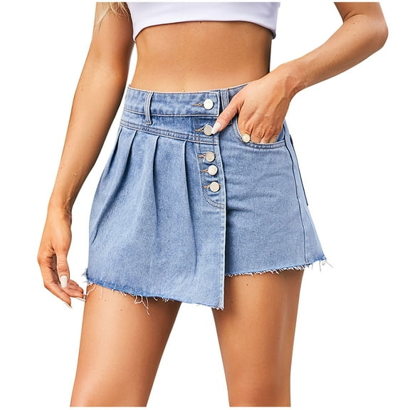 REALiKUN Women's Plus Size Denim Skort, High Waist Button Fly Raw Hem Skirt Shorts with Pocket