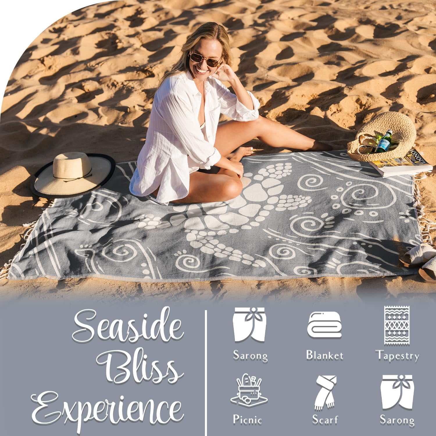 WEKAPO Turkish Beach Towel 39"x71" Oversized, 100% Cotton, Ultra Absorbent & Sand Resistant, Extra Large Beach Towel, Perfect for Beach, Bathroom, Pool, Travel (Grey Sea Turtle)