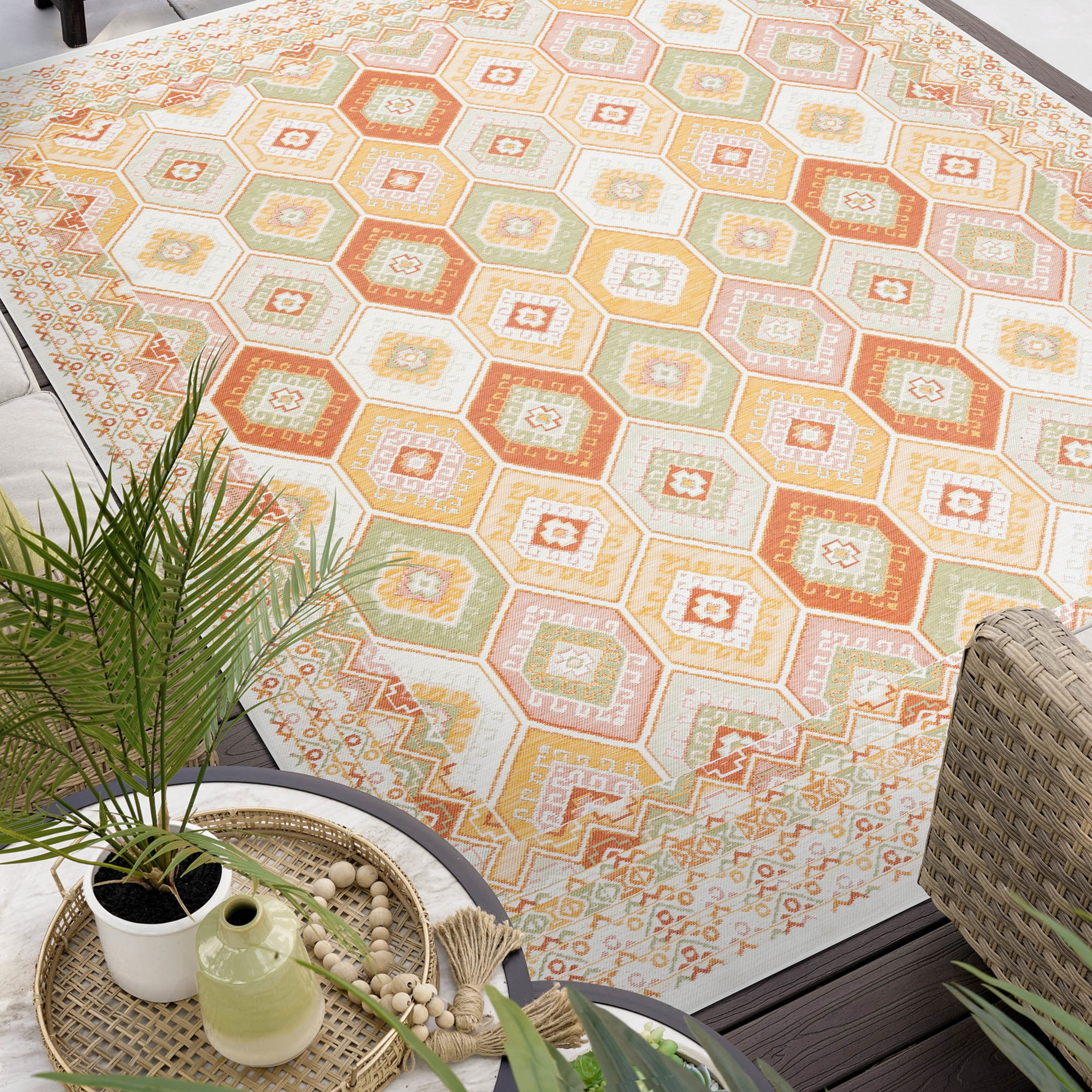 Bliss Rugs Geometric Indoor Outdoor Rug Reversible Runner Rug for Patio, Hallway, Entryway, Deck, Orange ,2' x 8'