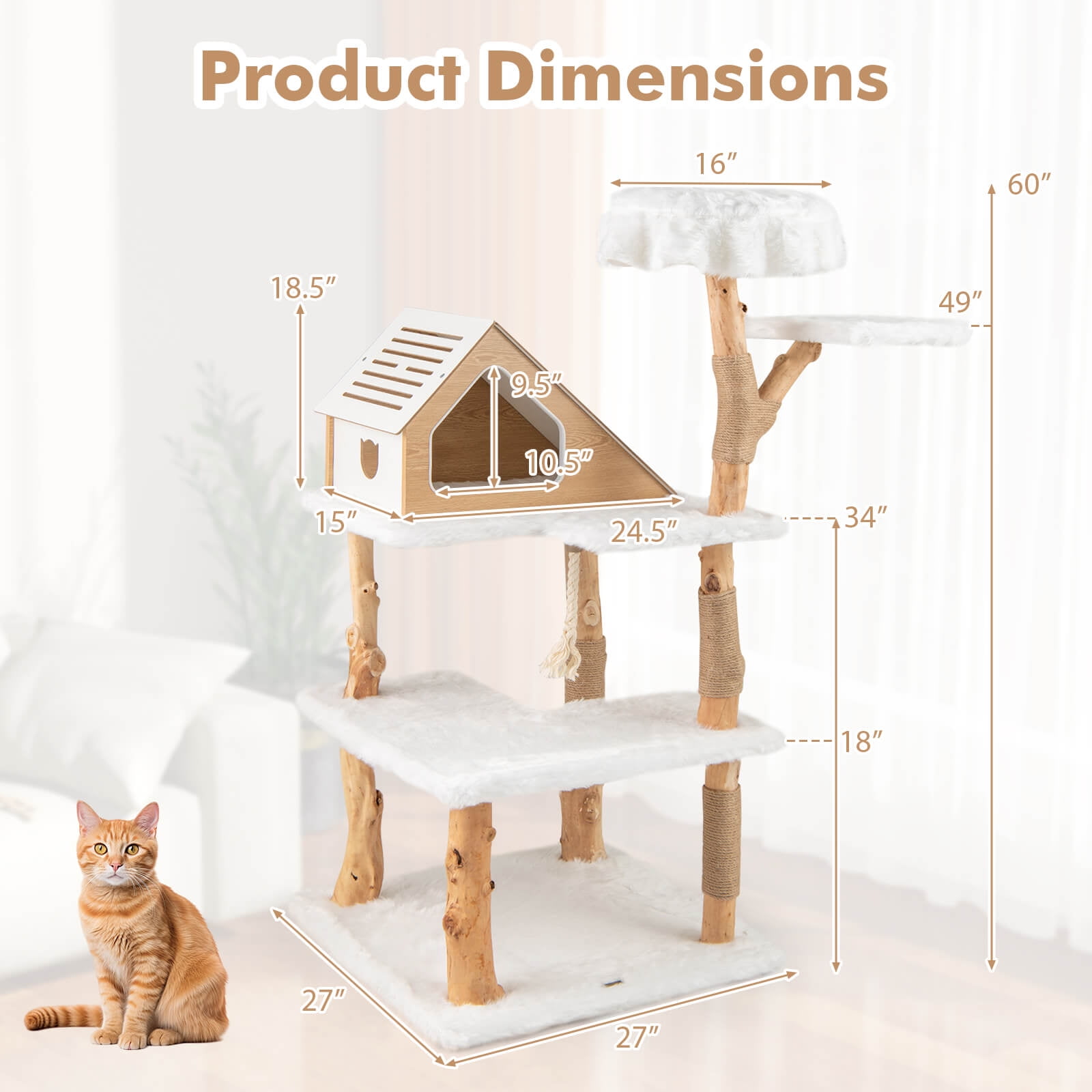 Infans 60" Tall Solid Wood Cat Tree w/ 2 Perches Condo Jute Scratching Posts Sisal Rope
