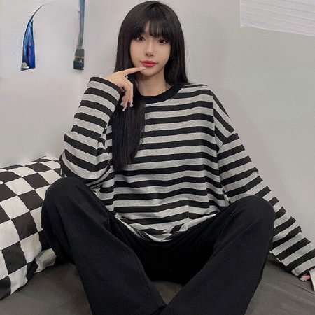 

PIKADINGNIS Womens Pajamas Set Stripe Autumn Winter Leisure Elastic Waist Woman Sleepwear Long Sleeve Nightwear Soft Pijama Homewear Cloth