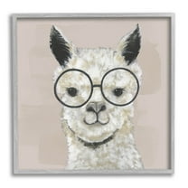 Stupell Industries Happy Alpaca Glasses Portrait Graphic Art Gray Framed Art Print Wall Art, Design by Tava Studios