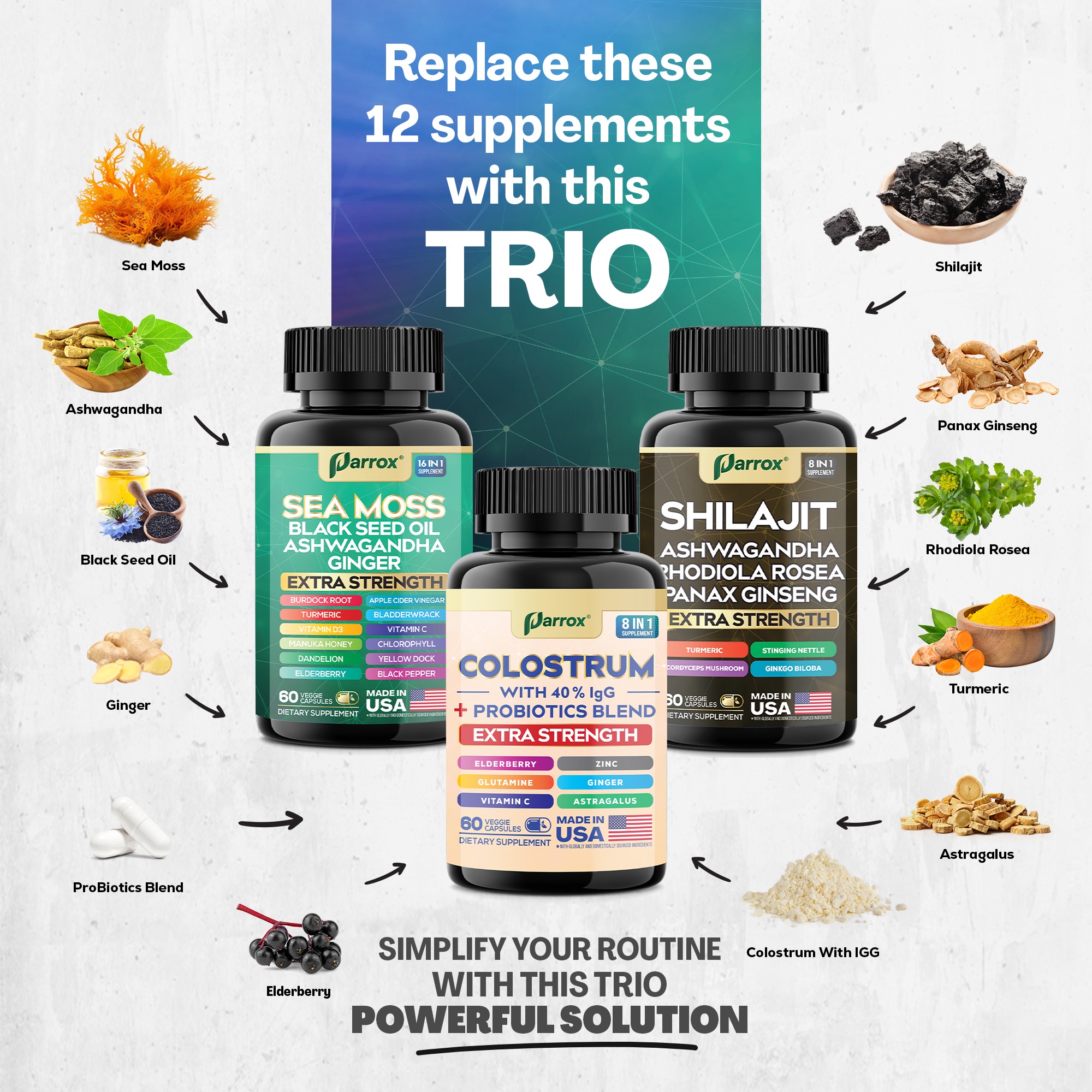 Parrox Complete Vitality Trio - Sea Moss, Black Seed Oil, Ashwagandha, Burdock Root, Colostrum, Probiotics, Elderberry, Vitamin C, Astragalus, Panax Ginseng, Ginkgo Biloba, Rhodiola Rosea, Turmeric