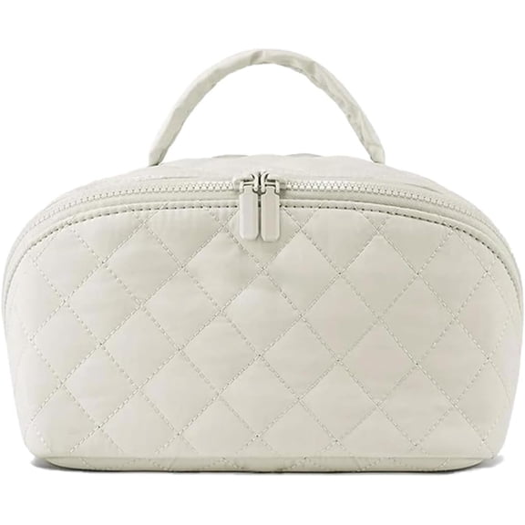 Travel Makeup Bag for Woman, 180° Wide Open Lay-Flat Cosmetic Organizer with Compartments, Machine-Washable Puffy Toiletry Bag for Full-Size Skincare