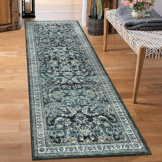 2x6 Runner Rug, Vintage Floral Washable Carpet with Non-Slip Backing, Low Pile Hallway Kitchen Bedroom Rug for High Traffic Areas, Brown/Taupe
