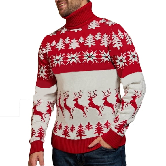 Bpyeka Men's Christmas Turtleneck Sweater Reindeer Snowflake Jacquard Knit Long Sleeve Loose Warm Winter Pullover S-XL