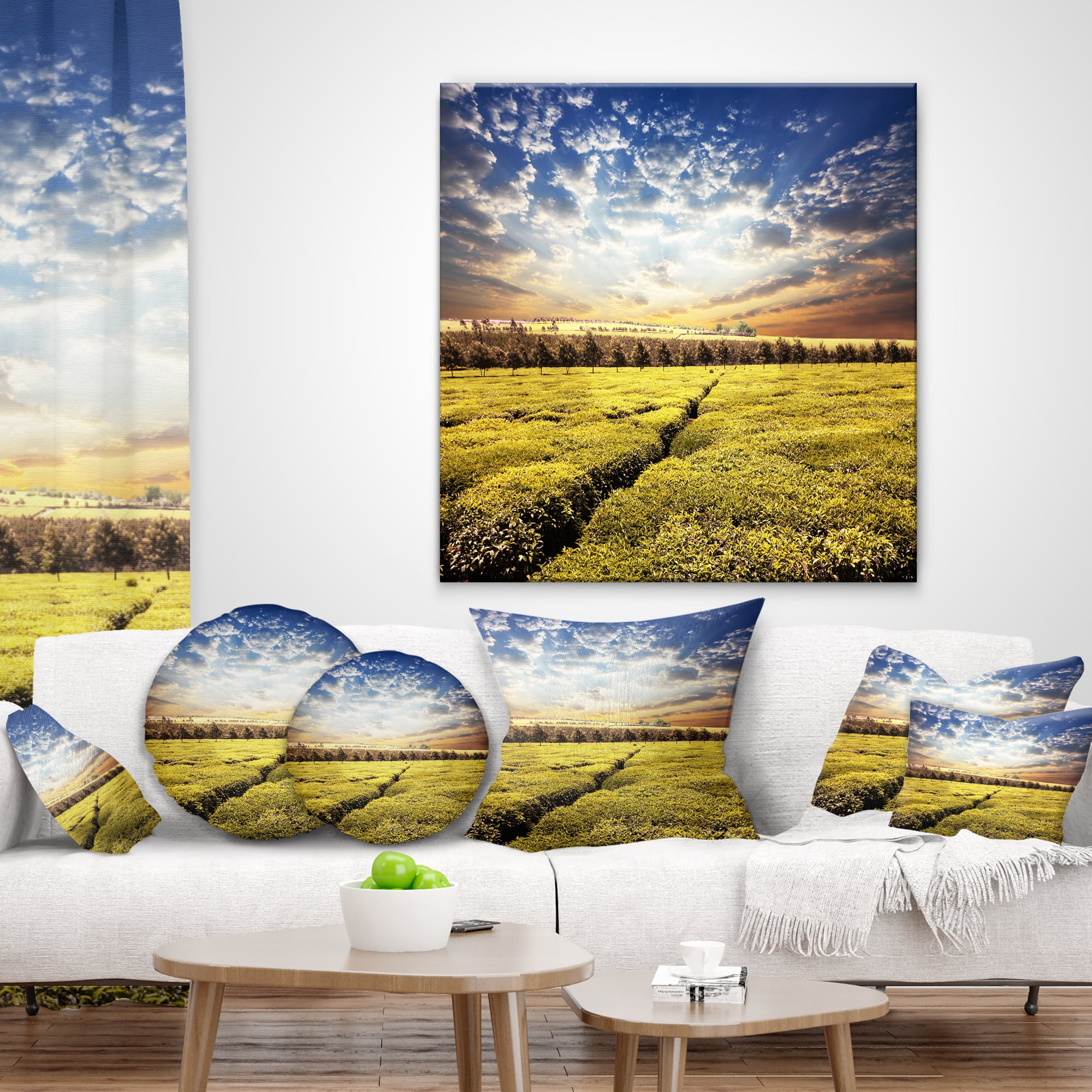 Designart Tea Plantation under Cloudy Sky - Landscape Wall Throw Pillow - 18x18