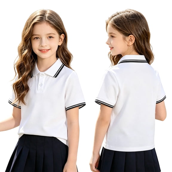 Children Polo Shirts Short Sleeve Collared Shirt Striped Collar Cuffs 2 Buttons Top for Unisex Casual Loose Summer Top for School Class Uniform White 160
