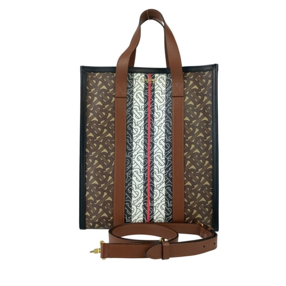 Pre-Owned BURBERRY Small Monogram Stripe E-Canvas Portrait Tote Bag, 8024294, Bridle Brown, for...