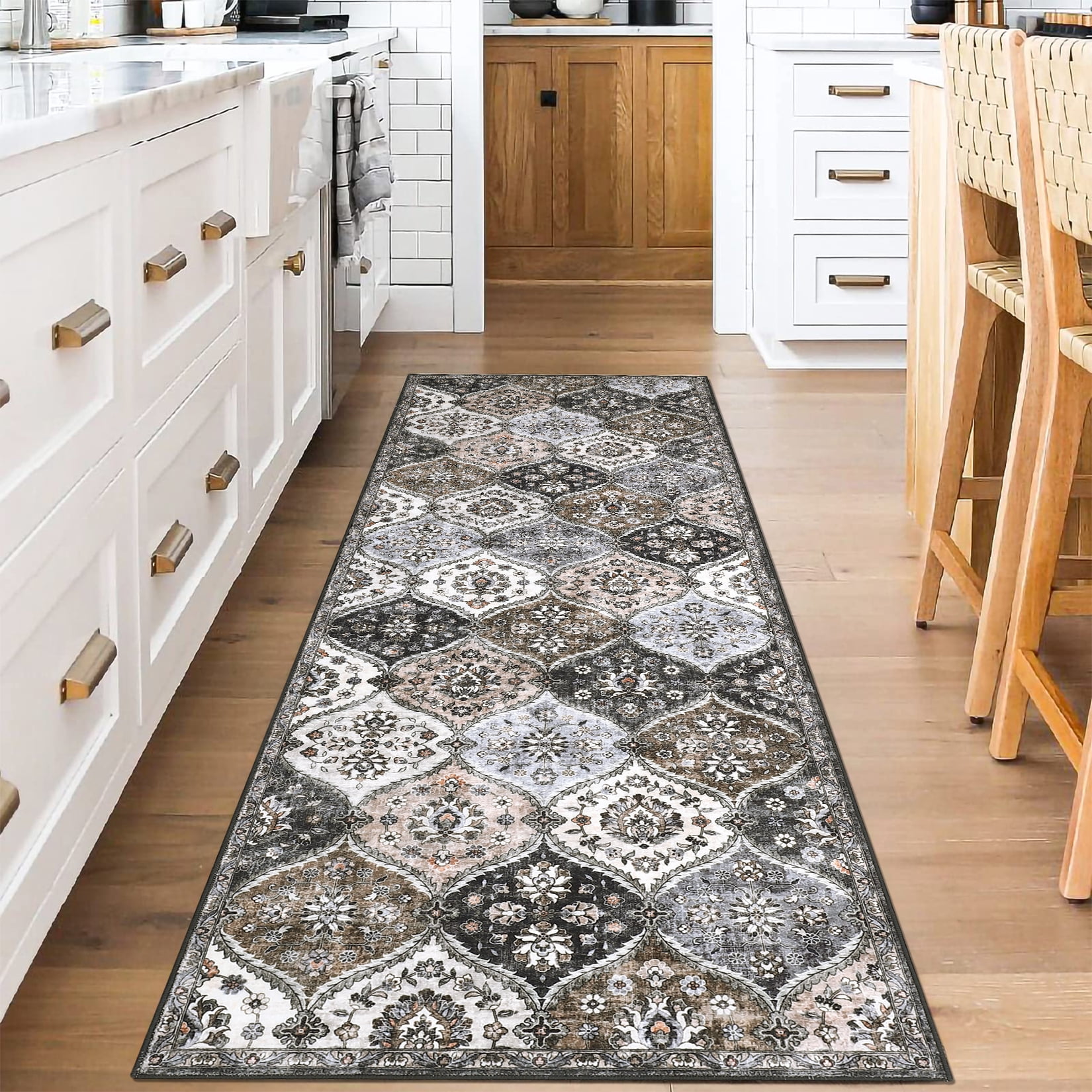 Hasoo 2' x 6' Runner Rug for Hallway Traditional Indoor Rug Machine Washable Bedside Carpet, Gray/Brown